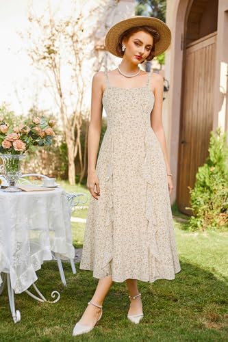 Image of Belle Poque Sun Dresses for Women Spring Summer Floral Midi Flowy Spaghetti Ruffle Wedding Guest Tea Party Dress