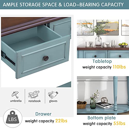 Polibi Retro Curved Console Table With Open Style Shelf And Two Top Drawers, Half Moon Entry Table With Solid Wooden Frame And Legs For Living Room, Entryway And Hallway, Antique Blue #TOP3