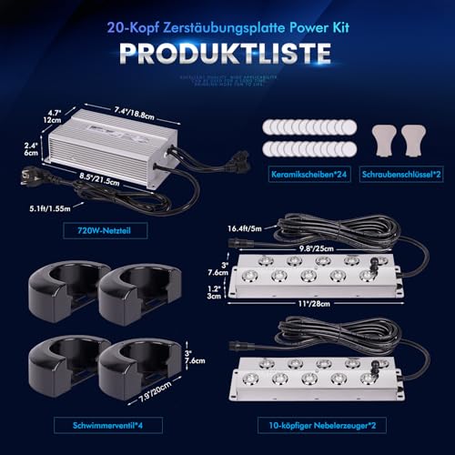 MOGOULUA Nebelmacher 20 Kopf 14L/H 2 in 1 Ultraschall Nebelgerät mit 720W Wasserdichtem Netzteil Schweres Nebelgerät Innenhof Nebel Luftbefeuchter Teich Nebelgerät für Gartenbau Gewächshauslandschaft