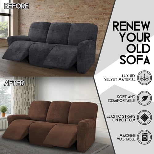 Image of ULTICOR Velvet 8-Pieces Recliner Sofa Covers Stretch Reclining Couch Covers for 3 Cushion Reclining Sofa Slipcovers Furniture Covers Thick Soft Washable (3 Seater Recliner Cover, Chocolate)