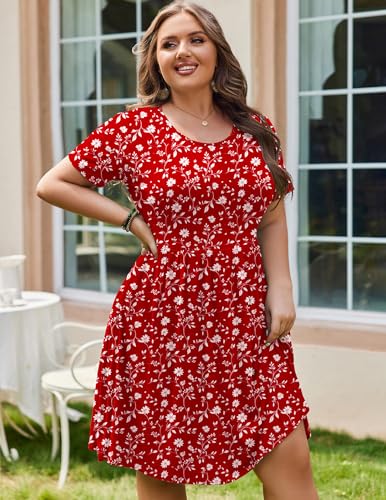 Image of IN'VOLAND Womens Plus Size Summer Dress Short Sleeve Casual Mini Dresses Empire Waist T-Shirt Dress with Pockets