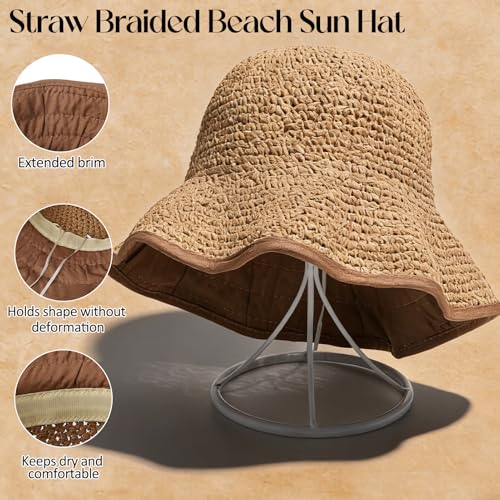 Sombrero tipo bucket de paja grande para mujer miniatura 4