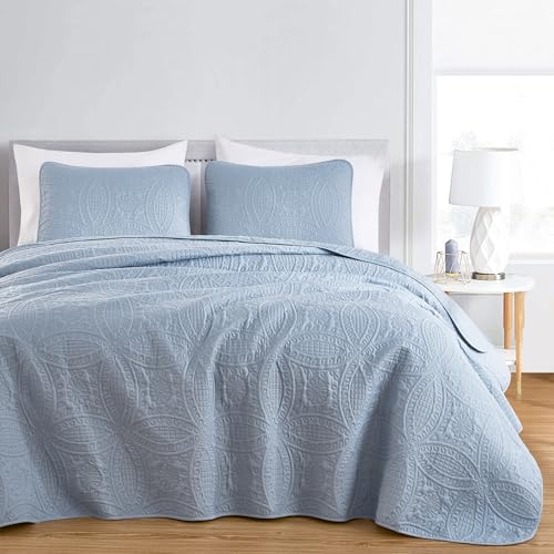 Image of Chezmoi Collection Austin King Oversized Bedspread Set, 3-Piece Pinsonic Quilted Lightweight Microfiber Bedspread Coverlet, Cool Gray