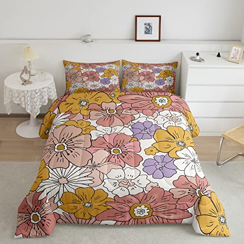 Groovy Flower Comforter 60S 70S 80S Flowers Pink Purple Yellow Comforter Set Retro Floral Boho Bedding Set For Children Kids Boys Girls Microfiber Duvet Set Room Decor Quilt Set Queen Size #TOP15