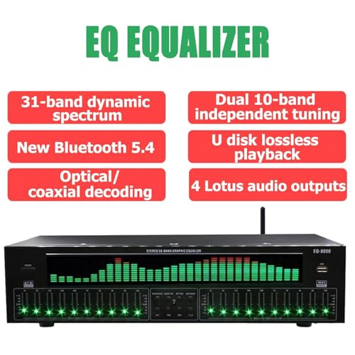 Ecualizador Gráfico Digital de 31 Bandas, Procesador de Audio Digital, EQ Estéreo | Control Dual Canal Sincronizado, Bluetooth 5.4 con Entrada Óptica y Reducción de Ruido, para Estudios de Grabación, Salones KTV y Estudios Musicales miniatura 6