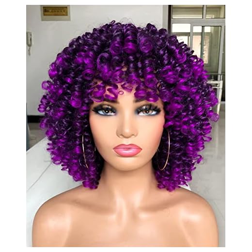 Afro peruk lockigt med lugg korta kinky lockiga peruker för svarta kvinnor syntetisk fiber mjukt hår galax lila kort lockigt för cosplay fest