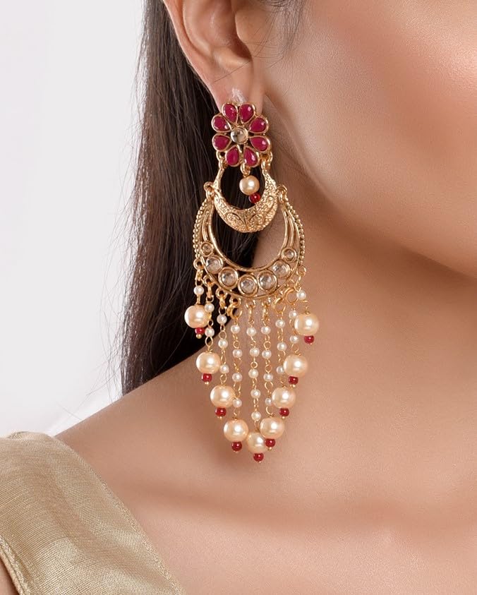 Efulgenz Indian Earrings for Women Chandelier Indian Jewelry Bollywood Antique Floral Crystal Kundan Beaded Faux Pearl Tassel Big Dangle Chandelier Long Earrings Set3
