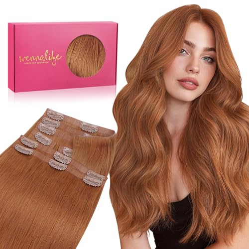 Image of WENNALIFE Invisi Edge Clip in Hair Extensions Real Human Hair, 20 Inch 150g 7pcs Cinnamon Terra Copper Seamless Clip in Extensions Remy Hair Clip Ins Invisible PU Skin Weft Straight Extensiones De Cab