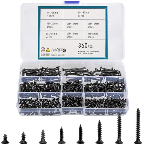 QOOSIKICC 360 Stk selbstschneidende Schrauben Set, M4 schwarze Kreuzschlitzschrauben, Flachkopf Blechschrauben, Holzschrauben, selbstbohrende Senkkopfschrauben für Holz Kunststoff Weichmetall (M4)
