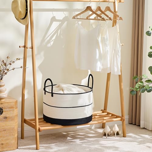 Image of KAKAMAY Cotton Rope Storage Basket (20 inchx13 inch),Woven Hamper for Blankets,Toys,Pillows,Clothes,Laundry,Sturdy Handles Decorative Basket for Living Room, Bedroom,Nursery(Black /Beige)