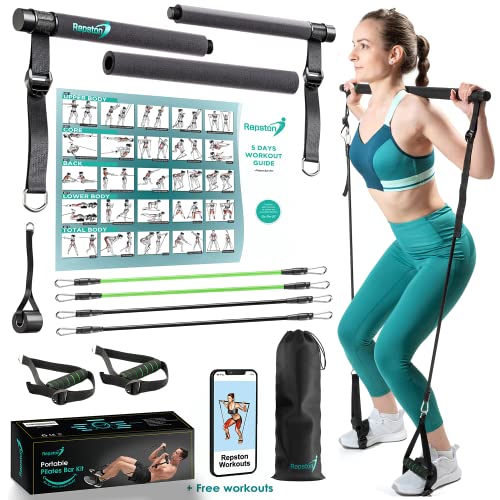 Premium Pilates Bar Kit with Resistance Bands - Full Body Workout Equipment - Portable Gym - at Home Workout Equipment - Fitness Equipment for Women and Men with Workout Videos