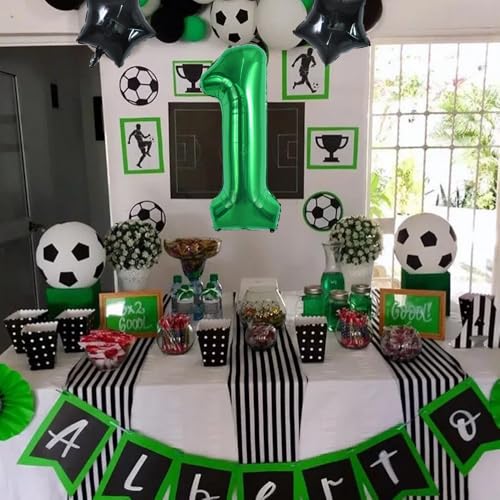Image of TONIFUL 32 Inch Soccer Balloons Set 1st Birthday Decoration Green Number 1 Foil Soccer Balloon Black Star Balloons for Children's Boys Birthday Party Football Themed Party Supplies