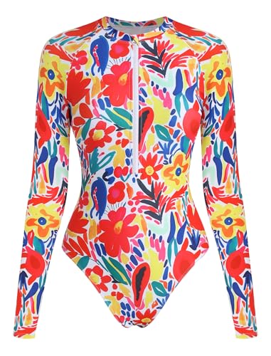 Image of ZAFUL Women's Long Sleeve Rash Guard Swimsuit One Piece Zipper Surfing Bathing Suit
