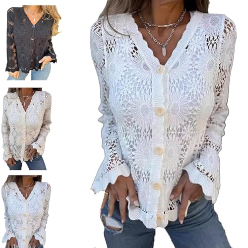 Cutout Embroidered V-Neck Button Long Sleeve Top, Womens Lace Tops and Blouses Long Sleeve Button V Neck Shir