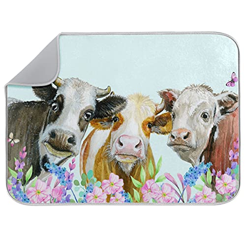 Vvfelixl G58650318P523C558S1113 Dish Drying Mat Farm Cows And Flowers Drying Pad Microfiber Absorbent Dish Drainer cover