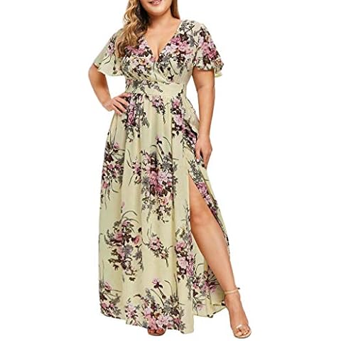 Frauen Plus Größe Sommerkleid V-Ausschnitt Maxikleider Blumendruck Abendkleid Kurzarm Partykleid Boho Kleid Damen Casual Cover
