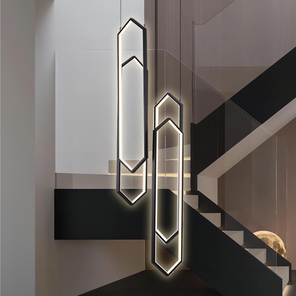 Stesulfr Gold Modern LED Chandelier Aluminum Large Pendant Light for High Ceilings Remote Control 6-Light for Staircase Foyer Living Room Entryway 3000K-6000K for Villa Foyer Hanging Lamp(Black,4 ligh