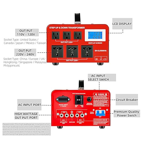 Image of SUNSHUN Step Down Transformer 220V to 110V 5000W Step Up Voltage Converter 110V to 220V Heavy Duty Power Transformer with 3 US Outlets and 3 Universal Outlets LCD Display, Circuit Breaker Protection