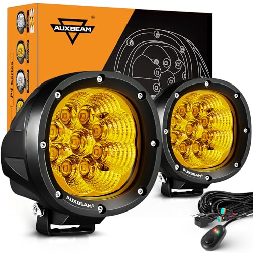 Auxbeam P4 Series Flood Beam Amber Round Light Pods, 4 Inch 90W Yellow Flood Light Bar Backup Reverse, LED Offroad Lights Automotive Work Lights Super Bright Fog Lamp, Pair Amber Flood Light