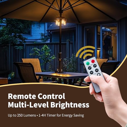 Image of Dark Wood Grain Patio Umbrella Light with Remote Control, Rechargeable Cordless LED Edison Bulbs Pole Light with 10 Brightness Levels for Garden, Patio, Backyard, Camping or BBQ (1 Pack)