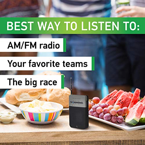 Acoustic Research Portable AM/FM Radio &ndash; Black and Grey Rubberized Finish with Belt Clip, Built-in Speaker and Earbuds; Battery Operated