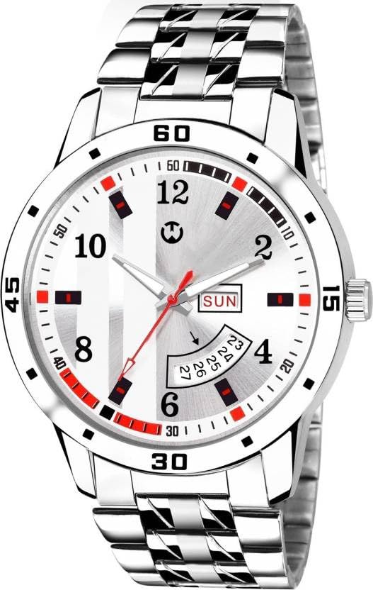 Image of Men's Analog wristwatch, Silver Stainless Steel Strap Blue Day & Date Dial, Water Resistant, Formal & Casual Wear, Gift Watch for Men