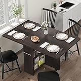 GarveeHome Folding Dining Table, Space Saving Farmhouse Dining Table for 4 Storage Shelf, 6 Wheels Multipose Expandable Kitchen Drop Leaf Table for Small Space (Dark Walnut, 47.2'D x 23.6'W x 29.5'H)