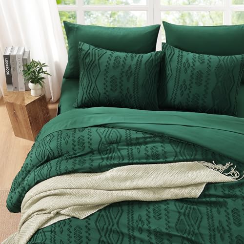 Image of AMBERSPACE Queen Comforter Set Emerald Green, Tufted Boho Bedding Farmhouse Dark Green Bed Set, All Season 7 Pieces Bed in a Bag with Sheets, Pillowcases & Shams