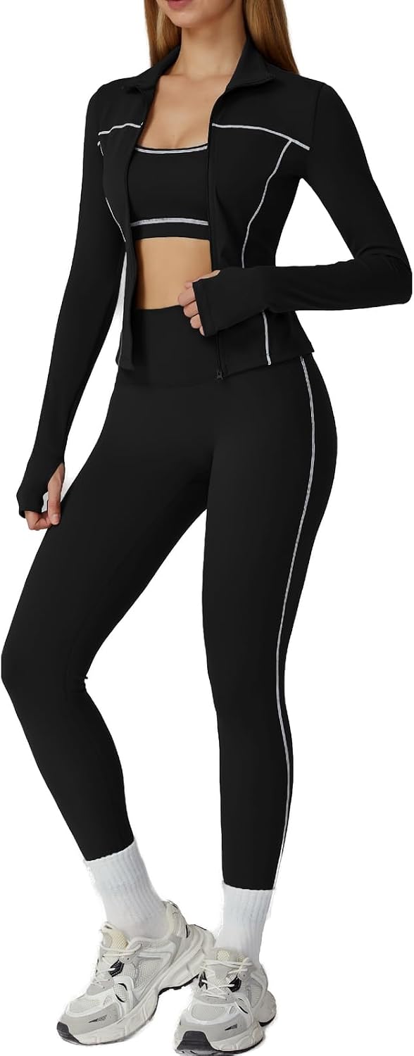 3-Piece Women’s Workout Set – Zip-Up Jacket, Sports Bra & High-Waist Leggings for Gym, Yoga, and Daily Wear