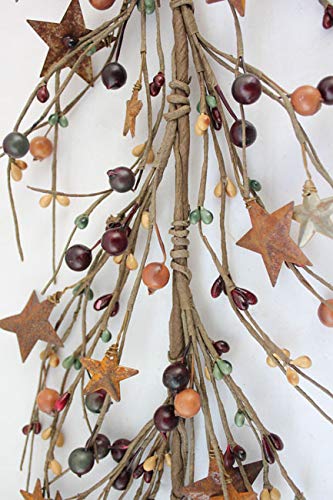 N107mustardburgundyandgreenprimitiveberrieswithrustystarsseasonaldecor455length Urban Country Home Decor N107 mustard burgundy and green primitive berries with rusty stars seasonal decor 45 5 length urban country home decor