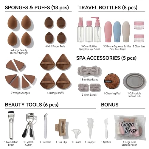 Image of Multi-Shape Makeup Sponge Set | 20 Piece Beauty Puff Collection with Headband and Clean Sponge | Pink, Purple, Beige & Bright Sets | Face Blender Kit for Cream, Liquid & Powder | Aesthetic and Functional Makeup Tool (Brown, 38 PCS)