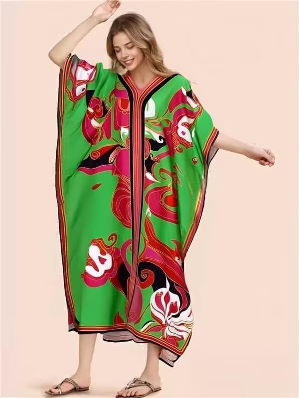 Cashew Flower Silk Caftan Women Vneck beach Cover up Caftans Loose Plus Size Floral Print Side Split Kaftan Dresses - Image 3
