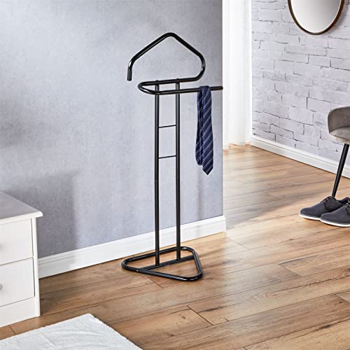 IDIMEX Herrendiener Camilo, praktischer Stummer Damen Diener mit Hosenbügel, schöner Kleiderbutler mit Sackohalter, moderner Kleiderständer in schwarz lackiert