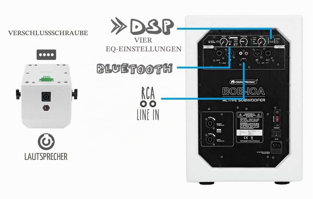 Omnitronic BOB-10A Subwoofer aktiv schwarz | 10"-Bassreflex-Subwoofer mit DSP und 600 W RMS-Leistung | Flexibel erweiterbar mit den BOB-4-Satelliten für 2.1-, 4.1- und 8.1-Betrieb