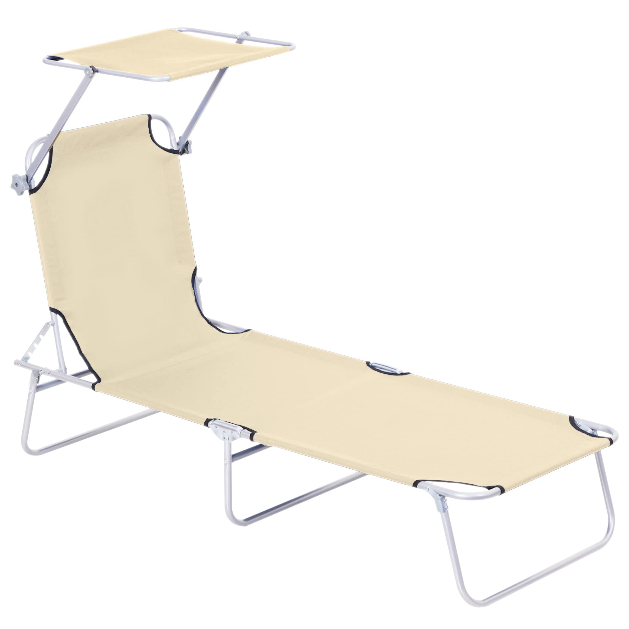 Outsunny Tumbona de Jardín Plegable Silla Tumbona con Toldo Desmontable y Regulable Respaldo Reclinable para Terraza Acampada al Aire Libre 187x58x36 cm Beige