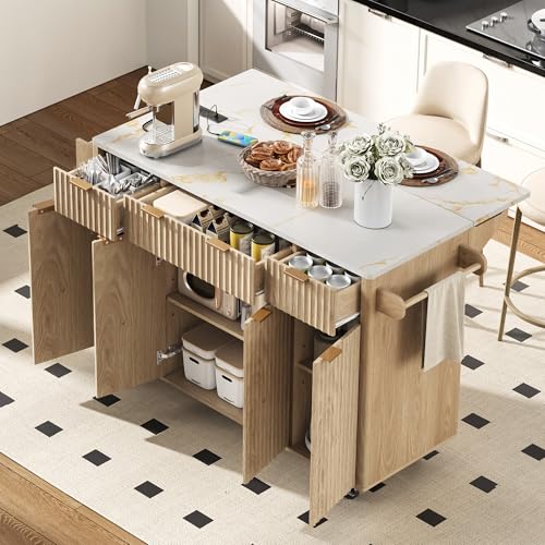 Rolling Kitchen Island with Drop Leaf, Power Outlet & 3