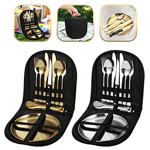 10Pcs Set Of Portable Knife, Fork, Spoon, Plate, Steak Clip Set, Camping Picnic, Two-Person Tableware Package, Outdoor Stainless Steel Tableware Set #TOP1