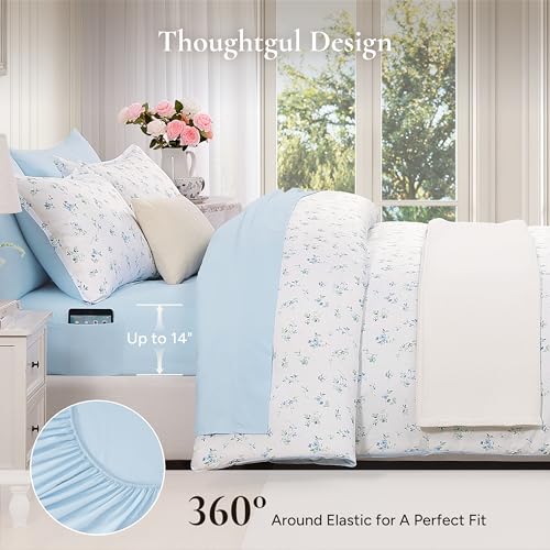Image of Andency Floral Comforter Set, 7 Pieces Blue Queen Bedding Sets, Cottagecore Flower Bedding, Soft Lightweight Aesthetic Comforter with Sheets, Pillowcases & Shams for Women Teen Girls, White Blue