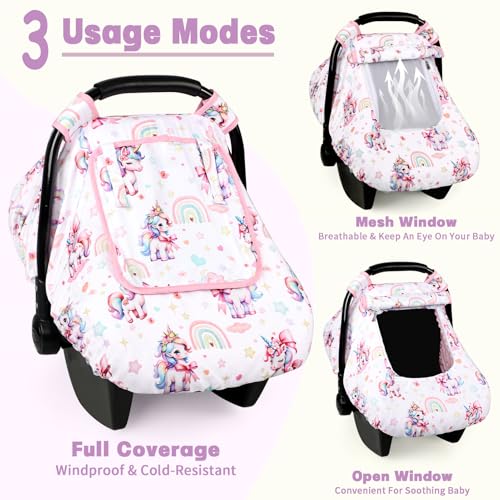 Image of Car Seat Cover Baby, HNHUAMING Infant Car Seat Covers Canopy for Baby Girl Boy, Cozy & Windproof Unicorn Newborn Carseat Covers Minky Dot Backing Stroller Cover with Breathable Mesh Window, Rainbow