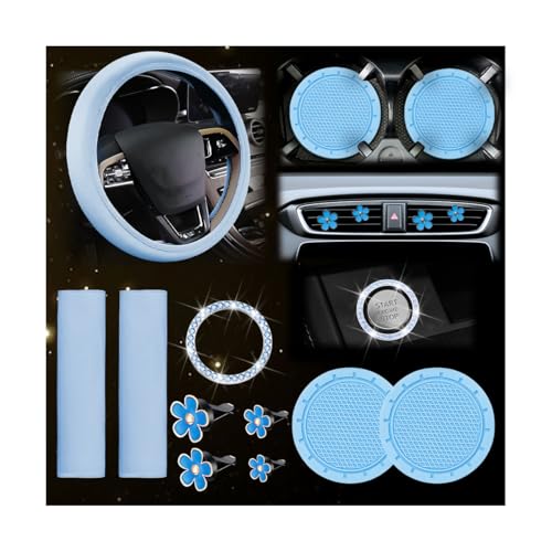 KHGUZ 10PCS Car Accessories Set Vehicle Steering Wheel Cover Seatbelt Protector Cup Holder Coaster Push Start Button Cover Flower Auto Air Vent Clip Universal for SUV Truck RV (Blue)