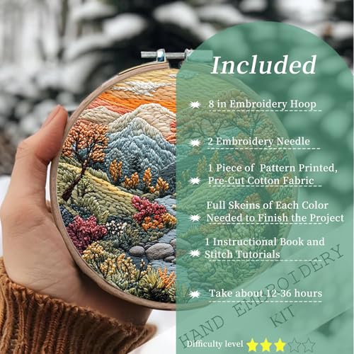 Image of FONNUY Embroidery Kit for Beginners, Boho Nature Landscape Pre-Stamped Pattern Kits for Adults with Hoop, Easy to Follow Color Thread Needlework, 8'' Hoop (Mountain Stream)