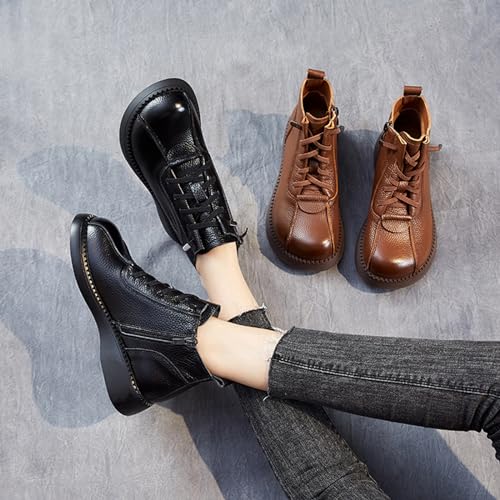 Women's Vintage Leather Lace Up Flat Ankle Booties with Side Zipper,Fashionable Round Toe Non-slip Wear-Resistant Combat Boots Casual Soft Sole Ankle Boots.3