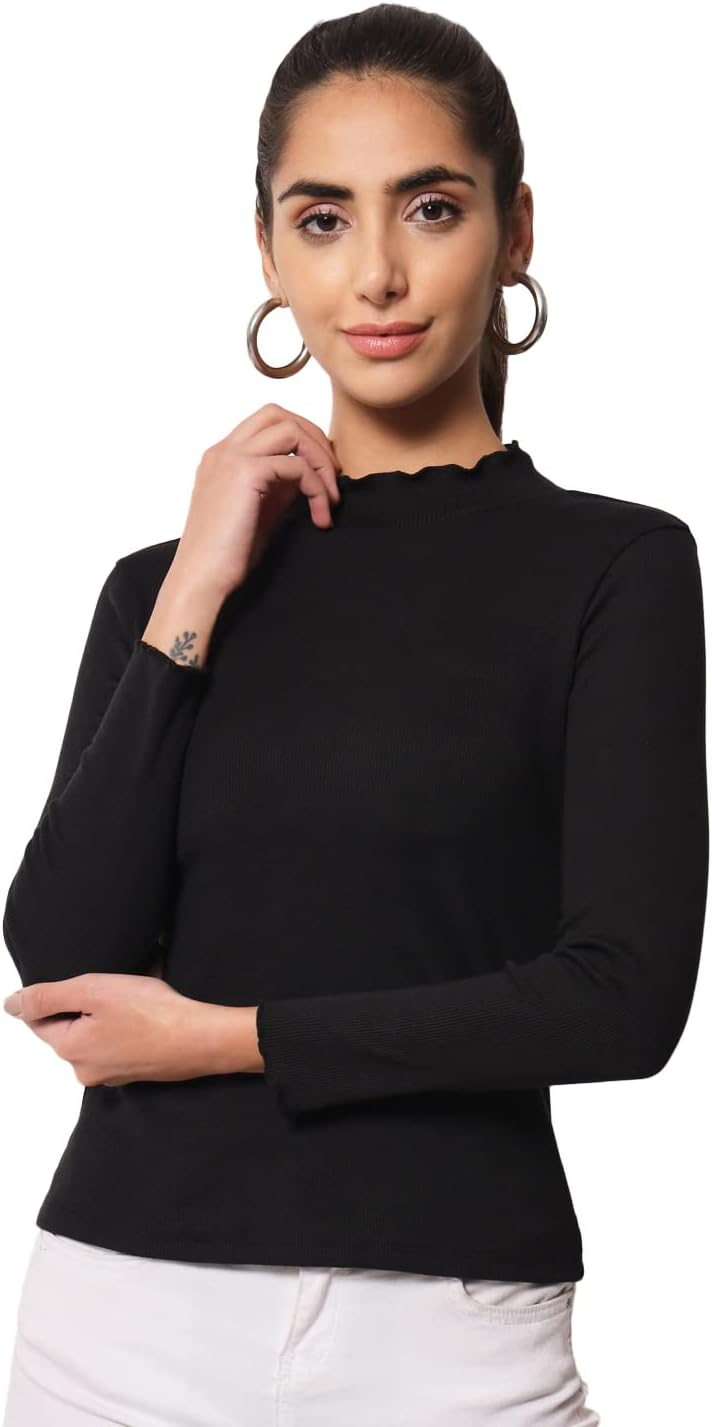 LE BOURGEOISWomen Casual High Neck Full Sleeve Rib Cotton Blend Top