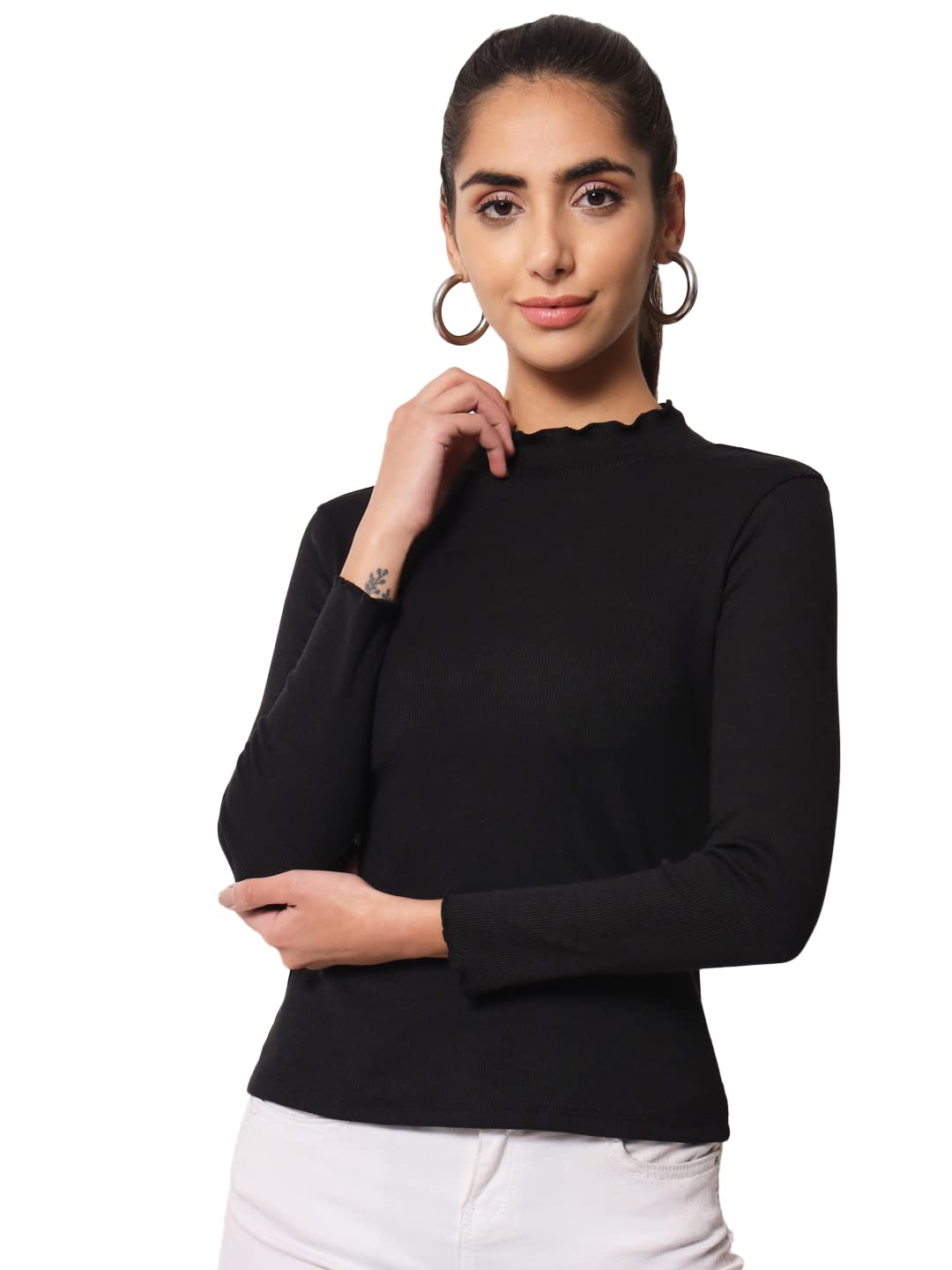 LE BOURGEOISWomen Casual High Neck Full Sleeve Rib Cotton Blend Top