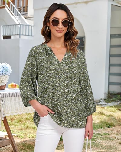 VALOLIA Women's 3/4 Sleeve Blouses Button Down Shirt Business V Neck Casual Clothing Blouses Dressy Casual Chiffon Tops4