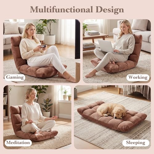 Image of Giantex Folding Floor Chair with Back Support, 14 Adjustable Position, Padded Sleeper Bed, Couch Recliner, Gaming Video Chairs for Adults, Meditation, Living Room (Brown)