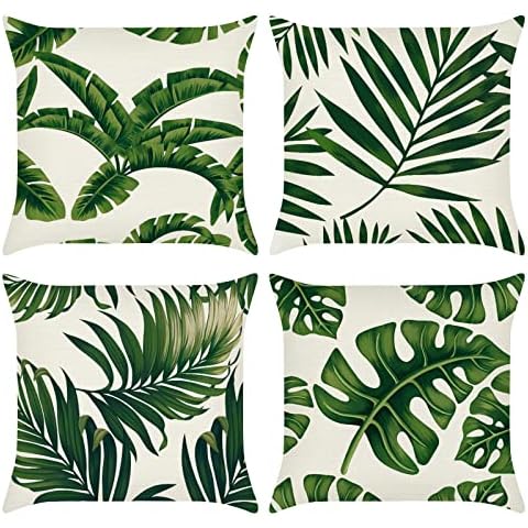 Bonhause Tropical Leaves Cushion Covers 45cm x 45cm Set of 4 Palm Leaf Green Decorative Throw Pillow Covers Polyester Linen Pillowcases for Sofa Couch Bedroom Indoor Outdoor Decor Cover