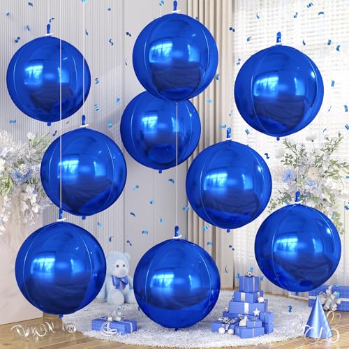 Image of 9 Pcs Royal Blue Round Foil Balloons,22 Inch Metallic Blue Round Balloons | Royal Blue Giant 4D Round Ball Balloons For Boys Men Birthday Graduation Wedding Baby Shower Party Decorations