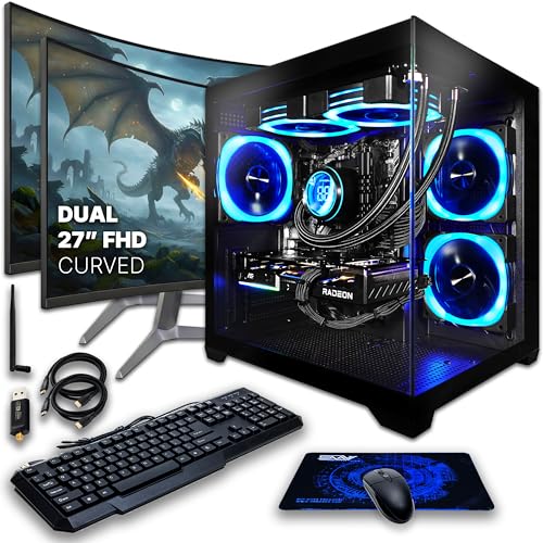 Image of SAAV Drex Prebuilt Gaming PC Bundle Desktop Tower Intel Core i7-12700KF Radeon RX 9060 XT 8GB GDDR6 Dual Curved 27in Monitors 16GB DDR4 512GB NVMe SSD WiFi 6 Windows 11 Black RGB Computer PC Gaming