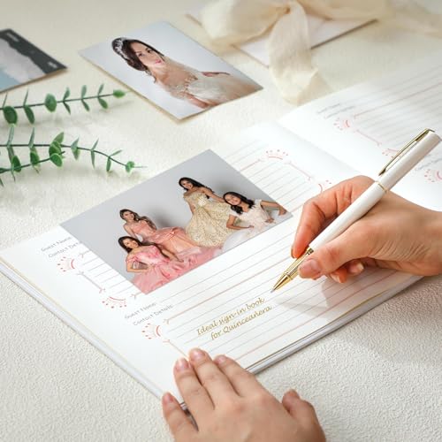 Image of MotiMind Quinceanera Guest Book with Pen 11 x 8 Inch Libro De Firmas Para 15 Anos Quinceanera Leather Hardcover Signature Book Guest Sign in for 15th Party Favors Decoration(White Rose Gold,Crown)